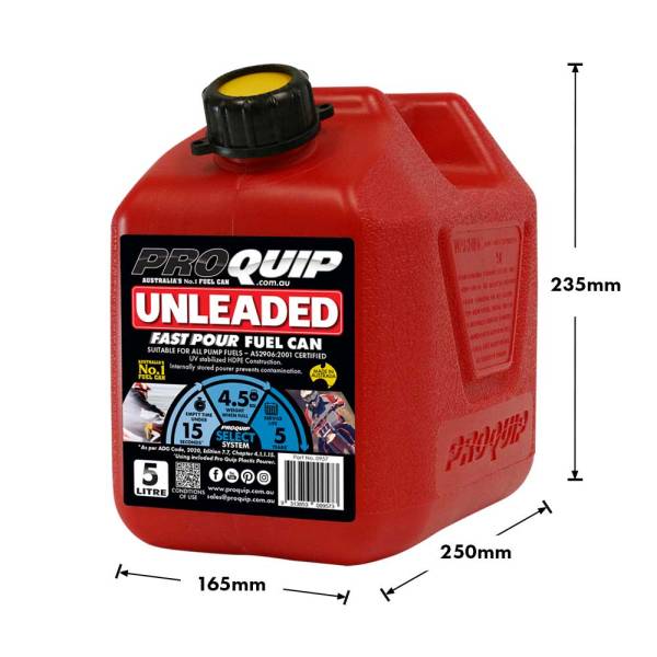 5L Plastic Fast Pour Fuel Can – Unleaded Red