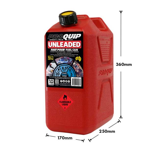 10L Plastic Fast Pour Fuel Can - Unleaded Red